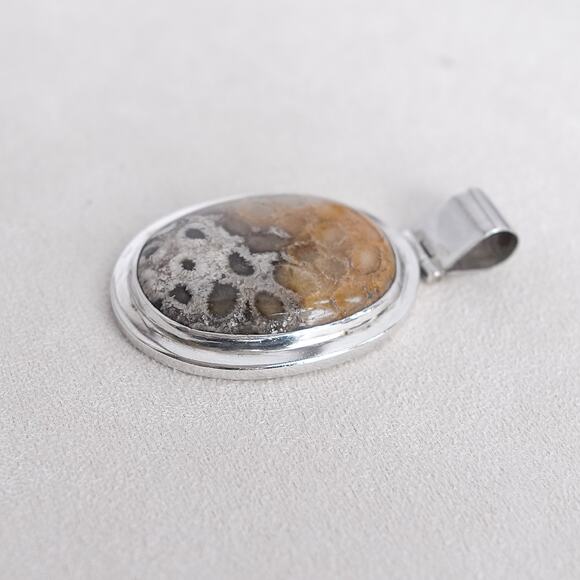 Vintage Sterling Silver Ammolite Fossil Large Oval Pendant 24g Natural Stone - Picture 4 of 6